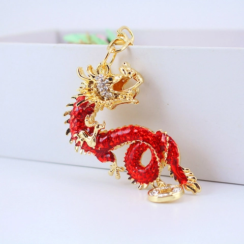 Draak Sleutelhanger Chinese Stijl Emaille Strass Zinklegering Geluksmunt Tas Charm Auto Accessoire Cadeau