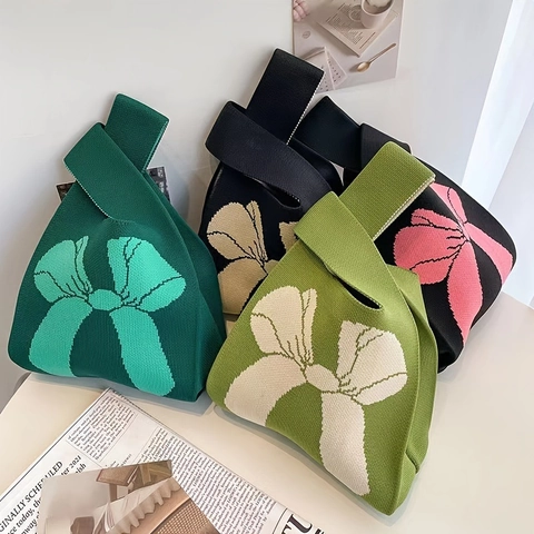 Women Knitted Handbag Sweet Large Bow Pattern Wrist Bag Soft Polyester Contrast Color Casual Tote