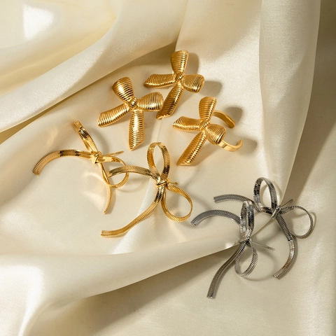 Orecchini Collana Anello Aperto in Acciaio Inossidabile Vintage con Fiocco per Donna Elegante Ciondolo a Fiocco Oro Argento Gioielli
