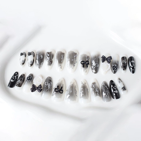 Press On Nails Long Almond Fake Nails With 3D Bows Artificial Pearl Heart Rose Decor Black White Gradient Sweet Cool Gothic Style