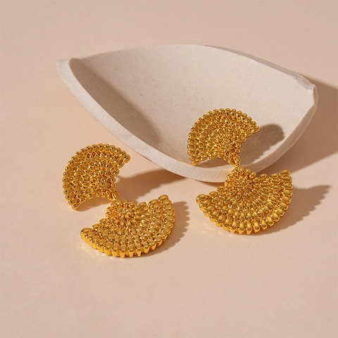 Retro Geometric Fan Drop Earrings Copper Gold Plated With Silver Earring Post Vintage Style For Women