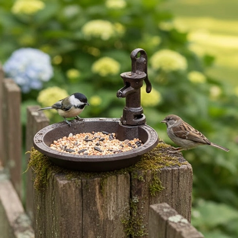 Vintage Cast Iron Bird Feeder Antique Manual Water Pump Shape Garden Decor Bird Bath Outdoor Rustic Tray