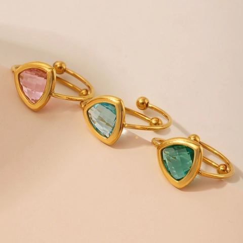 Minimalist 18K Gold Plated Stainless Steel Triangle Czech Glass Open Adjustable Ring Geometric Fashion Jewelry For Women