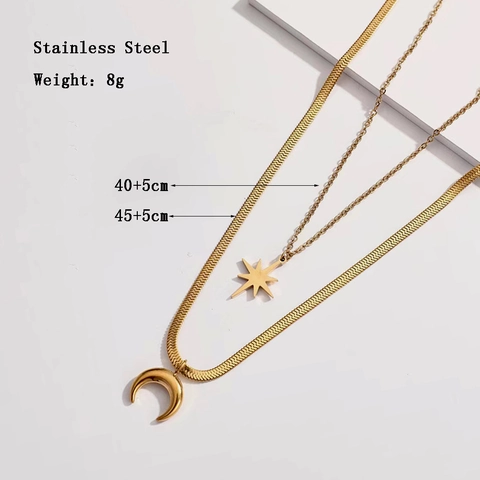 Roestvrij Stalen Dubbellaagse Halsketting Voor Dames Goud Vergulde Slangenketting Ster Maan Hanger Mode Sieraden Minimalistische Kettingen