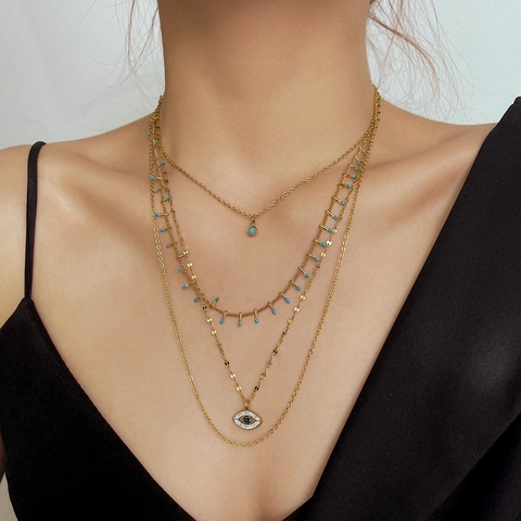 Collar De Varias Capas Acero Inoxidable Chapado En Oro Ojo Turco Cuentas De Turquesa Colgante Estilo Bohemio Joyas