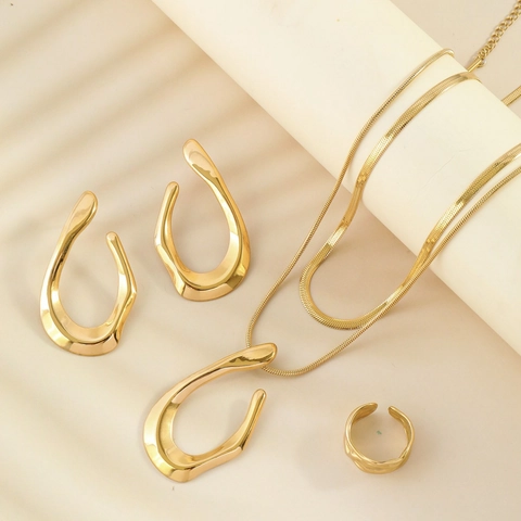 Gold Stainless Steel Double Layer Necklace Geometric U Shape Earrings Adjustable Ring Fluid Metal Jewelry For Women