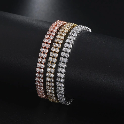 Bracelet Tennis Double Rangée Cuivre Zircone Curseur Bolo Réglable Plaqué Or Bijoux Étincelants Élégants Pour Femmes