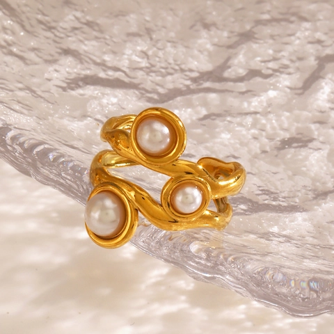 Stainless Steel Artificial Pearl Ring Irregular Wavy Design Triple Artificial Pearl Open Adjustable French Retro Gold Jewelry For Women