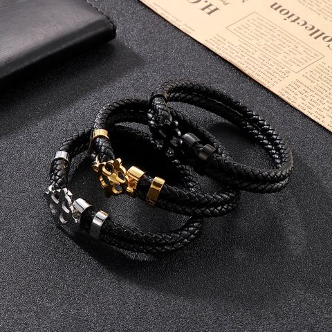 Men Bracelet Layered Woven Genuine Cowhide Leather With Stainless Steel Cross Clasp Retro Punk Fashion Bangle
