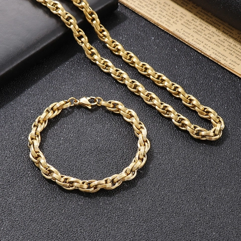 Collar De Cadena Y Pulsera Para Hombre Acero Inoxidable Eslabones Cuadrados Hip Hop Punk Joyería De Moda Tono Oro Plata