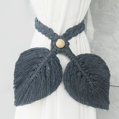 Macrame Curtain Tiebacks Leaf Shape Hand Woven Cotton Rope With Wood Beads Boho Style Window Decorative Tie Backs