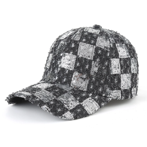Mode Pailletten Schaakbord Honkbalpet Denim Polyester Verstelbaar Zonbescherming Reishoed Voor Dames Heren