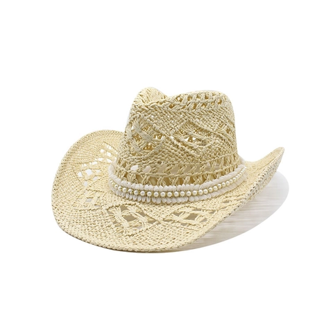 Sombrero De Vaquero De Paja Calado Sombrero De Sol De Papel Con Decoración De Perlas Artificiales Transpirable De Ala Ancha Viaje A La Playa