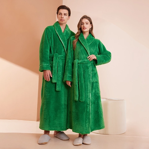 Thickened Plush Robe Long Warm Coral Fleece Shawl Collar Bathrobe Soft Sleepwear For Men And Women