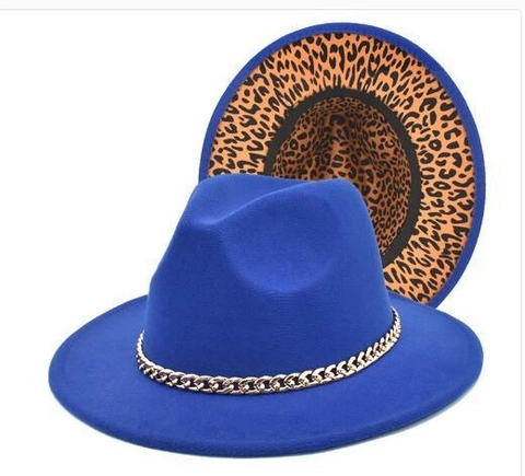 Vintage Wide Brim Fedora Hat Cotton Polyester Felt Jazz Cap Leopard Print Lining Metal Chain Decor Elegant Unisex