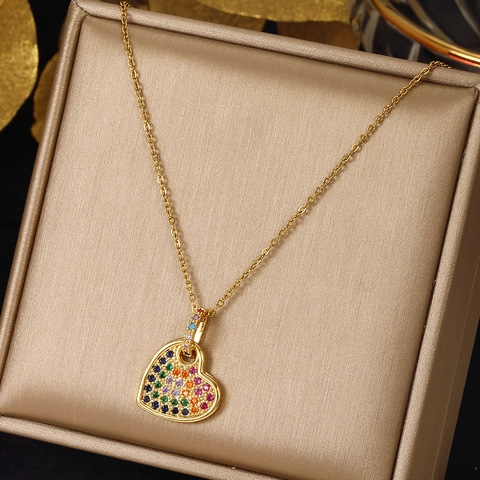 Heart Pendant Necklace Gold Plated Stainless Steel With Rainbow Zirconia Stones Sweet Elegant Dainty Jewelry For Women