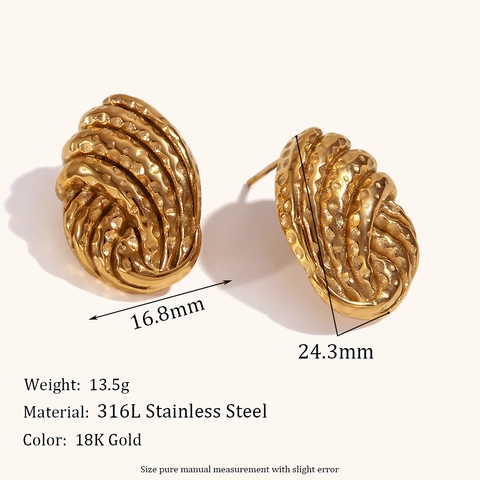 Pendientes de Botón de Acero Inoxidable Vintage con Textura Martillada Bañados en Oro 18K Forma de Cruasán Mujer