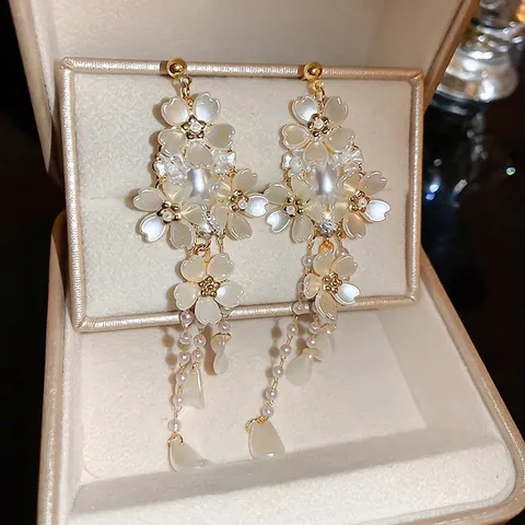 Flower Artificial Pearl Tassel Earrings Rhinestone Delicate Floral Elegant Jewelry For Women With 925 Sterling Silver Earring Post