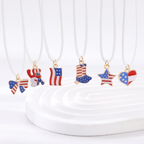 USA Independence Day Alloy Enamel Pendant Necklace Flag Star Heart Bow USA Letter Wax Cord Jewelry For Party Women Men