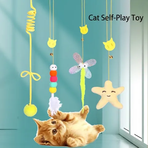 Hanging Cat Toy Interactive Self-Play Wand Plush Feather With Suction Cup And Bell For Indoor Kittens