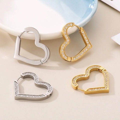 Orecchini a Cerchio a Cuore in Acciaio Inossidabile per Donna Con Strass Intarsiato Cuore Cavo Placcato Oro Argento Gioielli di Moda