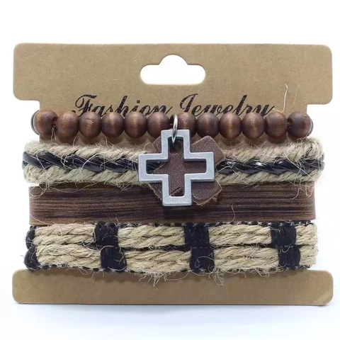 Bracciale Multistrato Da Uomo Perline In Legno Pelle Intrecciata Pendente A Croce Vintage Punk Gioielli Boho Accessorio