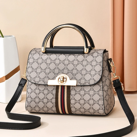 Petit Sac à Épaule Imprimé Monogramme Vintage Femmes Sac à Main En Cuir PU Ruban Rayé Sac Bandoulière