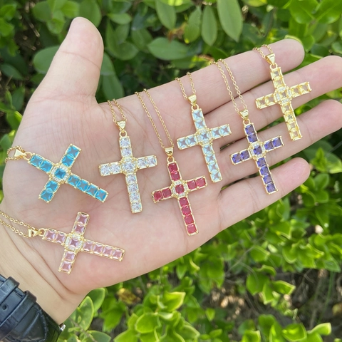 Collana Con Pendente A Croce Rame Zircone Colorato Hip Hop Gioielli Di Moda Per Donne Catena In Acciaio Inossidabile Galvanizzato