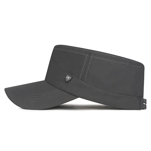 Heren Zomer Lichtgewicht Sneldrogende Platte Pet Outdoor Zonbescherming Lange Rand Cadet Cap Met Metalen M Logo Verstelbaar