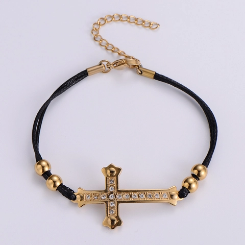 Bracciale Con Ciondolo A Croce In Acciaio Inossidabile Con Strass Cordino Intrecciato Regolabile Gioielli Donna