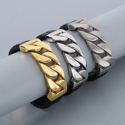 Pulsera Para Hombre De Cuero Trenzado Con Eslabón Cubano De Acero Inoxidable 316L Cierre Magnético Joyería Punk