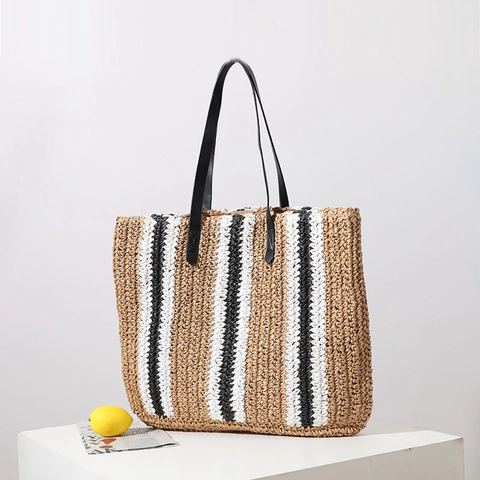 Striped Straw Tote Bag Handmade Woven Shoulder Bag Large Capacity Summer Vacation Beach Handbag For Women Contrast Color Style