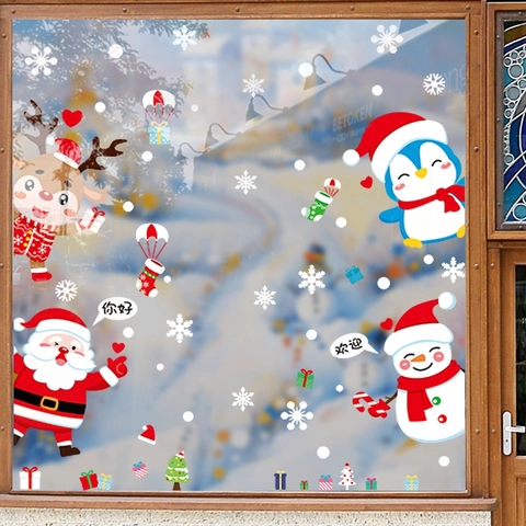 Pegatinas Ventana Navidad Estáticas PVC Papá Noel Reno Muñeco De Nieve Copos De Nieve Decoración Vidrio Vacaciones