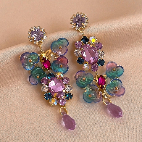 Vintage Multi Color Crystal Butterfly Flower Drop Earrings With 925 Sterling Silver Earring Post Rhinestone Copper Jewelry For Women