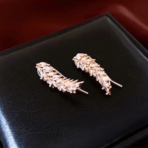 Orecchini Ear Crawler Foglia Spiga Grano Con Zircone E Perla Artificial Sintetica Perno Argento Sterling 925 Eleganti Donna