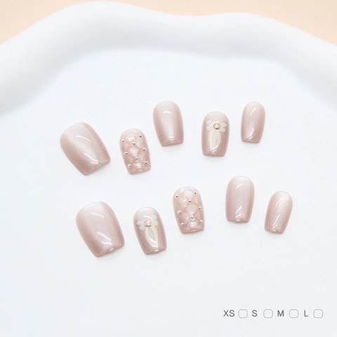 Künstliche Nägel Handgefertigt Bohnenpastenrosa Katzenaugeneffekt Mit 3D Schleife Und Strass Kurz Eckig Elegant Für Damen