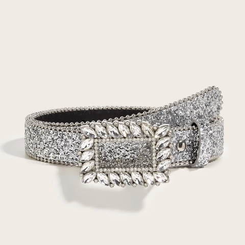 Women Fashion Belt PU Leather Square Rhinestone Buckle Sparkling Sequin Glitter Waistband For Jeans Dress Decor