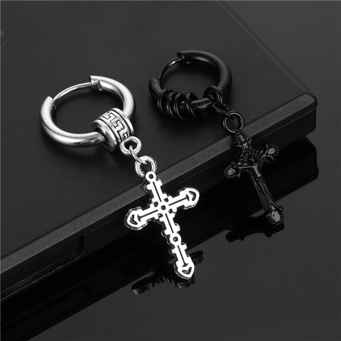 Orecchini A Cerchio In Acciaio Inossidabile Con Pendente A Croce Cono Goccia Stile Gothic Punk Per Uomo Donna