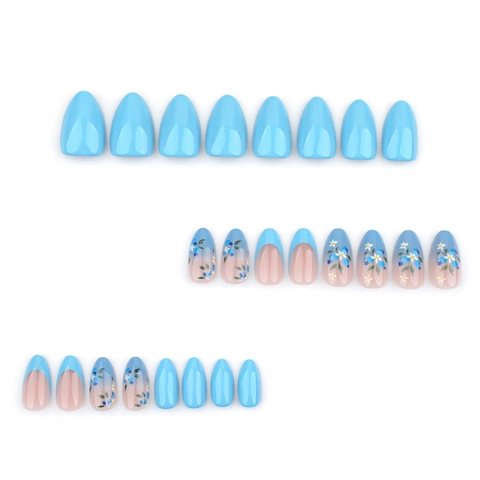 Franse Blauwe Press On Nails Gradiënt Bloemenpatroon Glanzende Amandelvorm Kunstnagels Voor Vrouwen