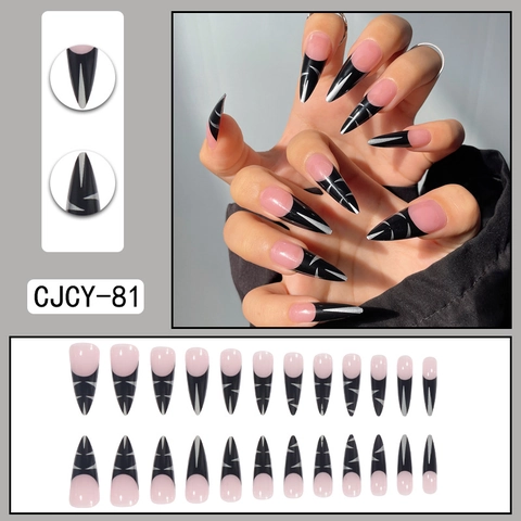 Unghie Finte Lunghe Stiletto Press On Punta Francese Nera Linee Glitter Argento Base Rosa Alla Moda