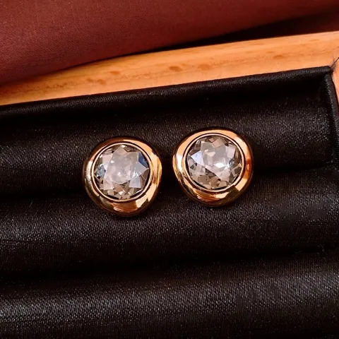 Round Crystal Stud Earrings 18K Gold Plated Copper With Silver Earring Post Vintage Simple Elegant Jewelry For Women