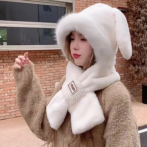Cappello e Sciarpa Integrati in Peluche con Orecchie da Coniglio per Donna Protezione Orecchie in Pelliccia Sintetica Set Invernale