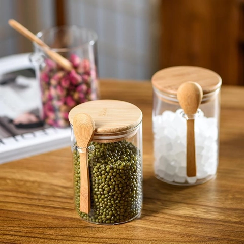 Borosilicate Glass Food Storage Jar With Bamboo Wood Lid And Spoon For Kitchen Counter Organization Sugar Coffee Bean Candy Container Modern Minimalist Home Decor