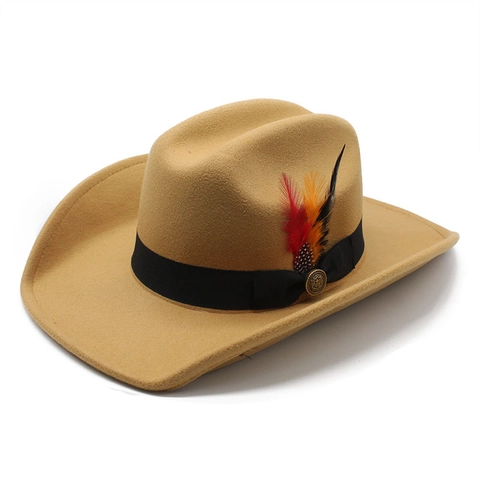 Western Cowboy Hoed Vilt Wollen Brede Rand Veer Decor Retro Etnische Stijl Outdoor Zonnescherm Fedora Voor Heren Dames
