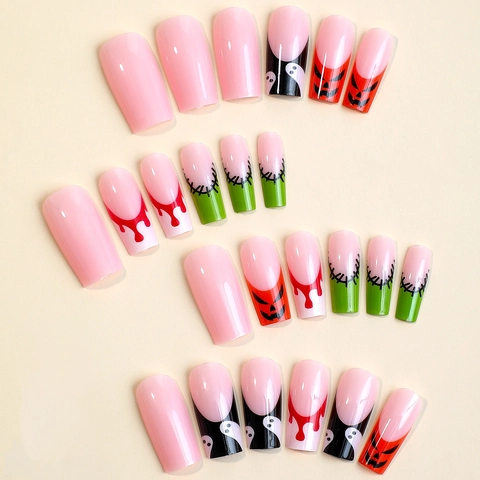 Halloween Press On Nails Lange Ballerina Kunstnagels Met Pompoen Geest Bloedruppels Patroon Voor Vrouwen DIY Manicure Plastic