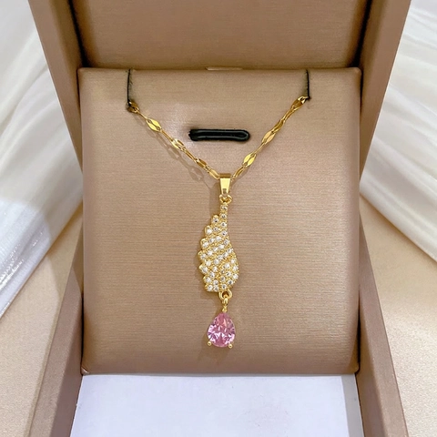 Collana Pendente Ala Angelo Catena Acciaio Inossidabile Zircone Pietra Rosa Goccia Acqua Gioielli Eleganti Donna