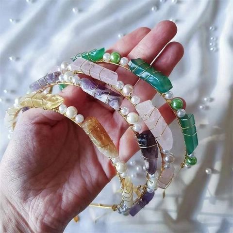 Natural Crystal Raw Stone Handmade Hair Hoop With Faux Artificial Pearls Metal Wire Wrapped Bohemian Crown Headband For Women