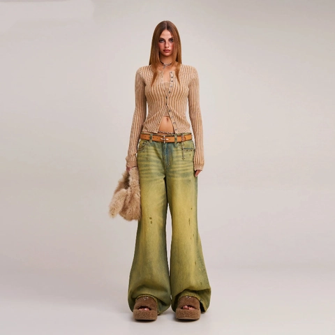 Wide Leg Jeans Women Vintage Yellow Wash Distressed Loose Straight Denim Retro Y2K Streetwear Long Trousers
