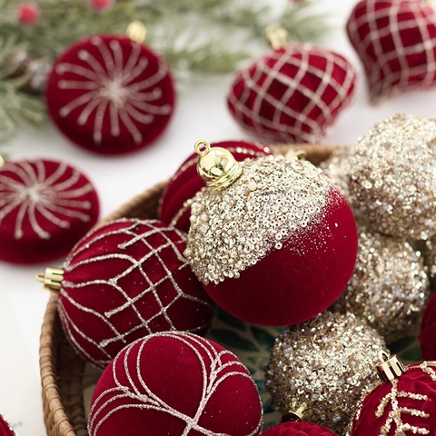 Palline Di Natale Decorazioni Albero Velluto Floccato Glitter Ornamenti Appesi Festa Casa Lusso Vintage