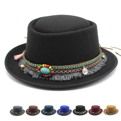 Bohemian Wool Felt Fedora Hat Flat Top Wide Brim With Turquoise Tassel Ethnic Band Vintage Western For Men Women